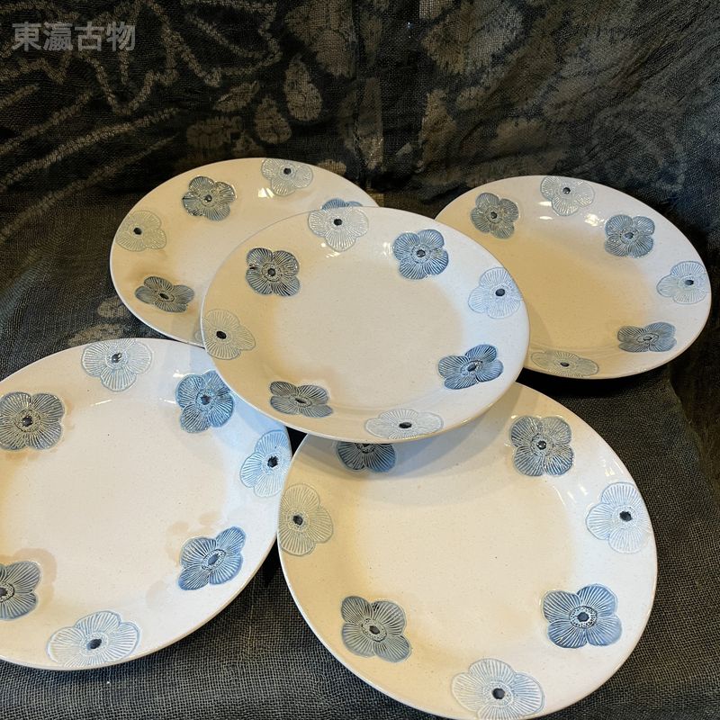 【東瀛古物】日本製 圓盤 盤子 浮雕花朵圖 20公分圓盤 復古餐盤推薦 C87