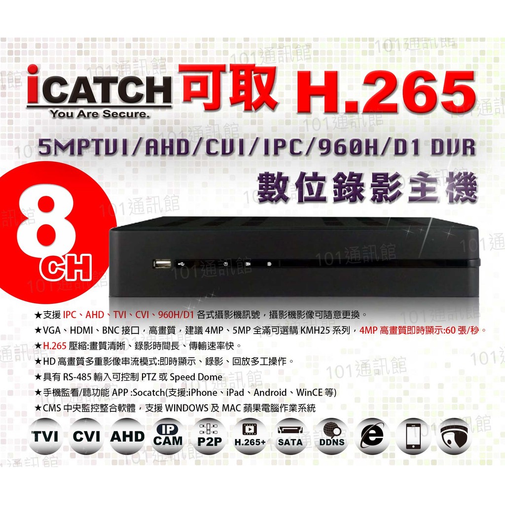 【101通訊館】ICATCH 可取 500萬 8路 DVR + SONY 晶片攝影機 *5 RMH 監視器 錄影主機