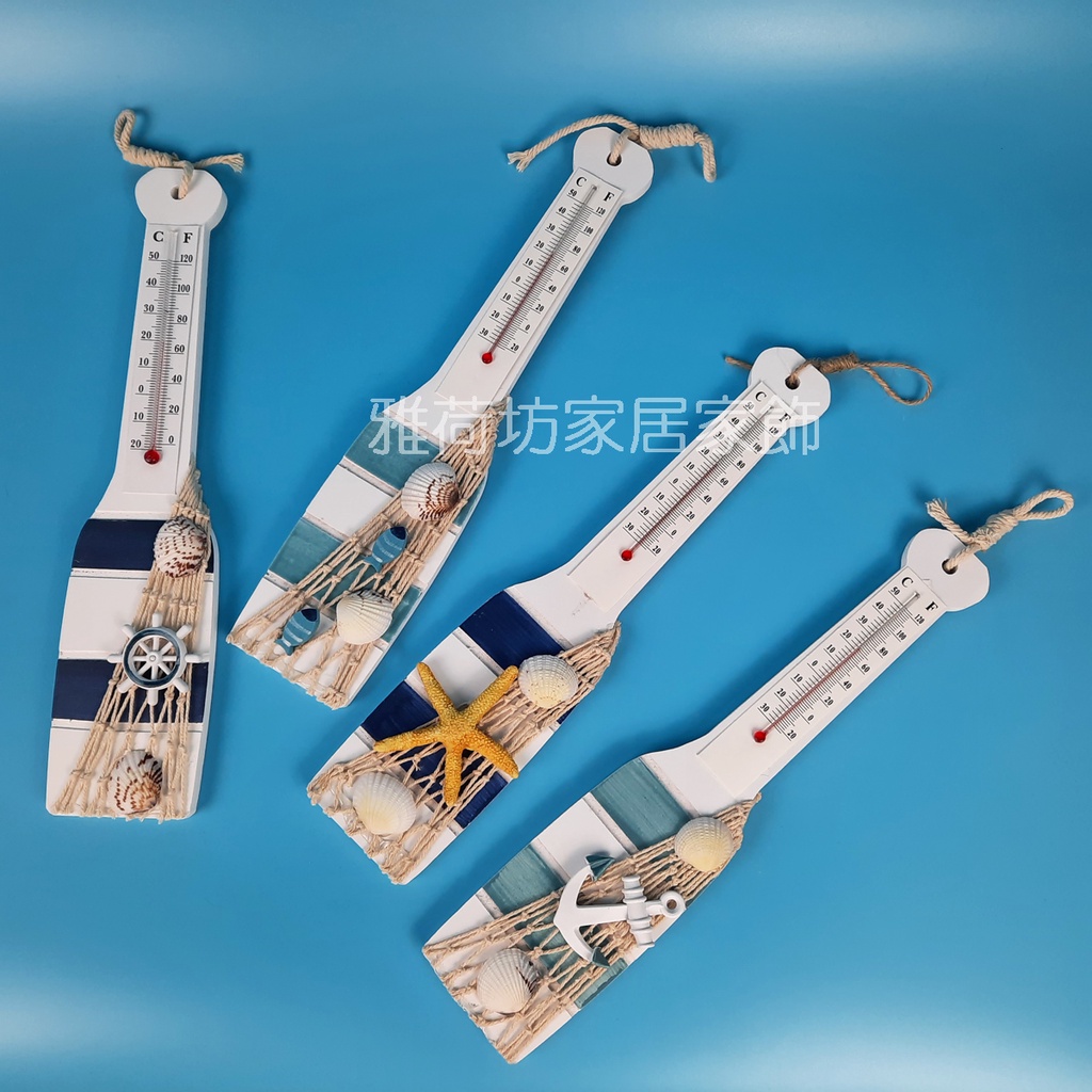 台灣現貨 雅荷坊 地中海風船槳形狀溫度計木制吊牌牆壁吊飾掛飾船錨船舵海星小魚木掛牌牆壁裝飾家居民宿酒吧咖啡廳佈置
