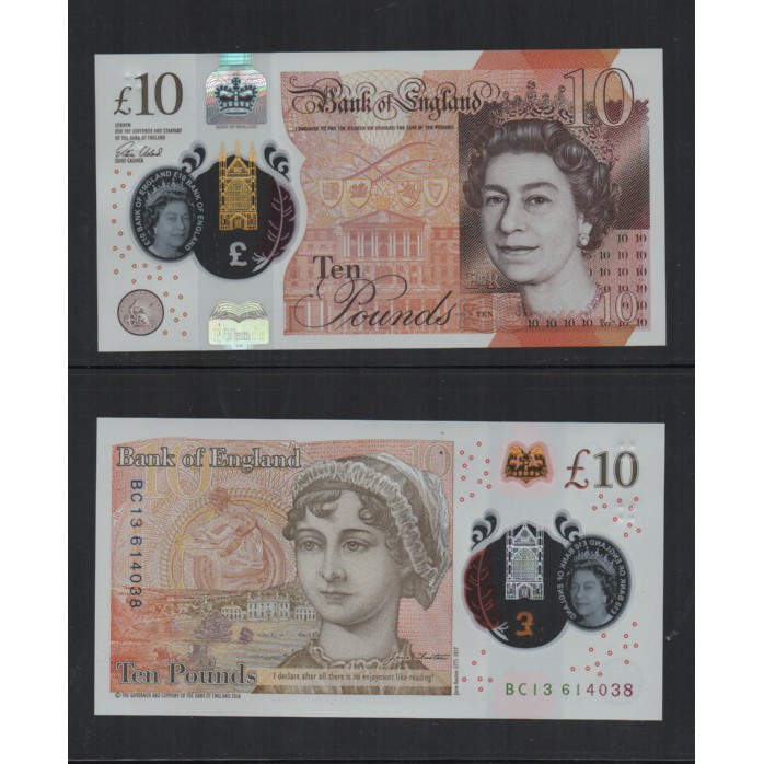 【低價外鈔】英國2016 年10Pounds 英鎊 塑膠鈔一枚 英國女王 伊莉莎白二世 珍·奧斯汀圖案，已絕版 新鈔難尋