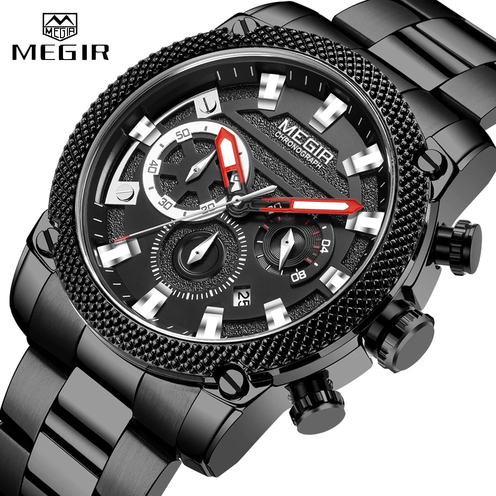 Megir 2134 時尚計時碼表豪華頂級男士手錶石英模擬不銹鋼手錶防水