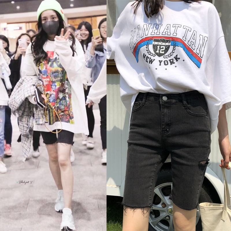 牛仔世家 現貨 牛仔短褲女高彈力女生短褲五分褲高腰大碼破洞2019新款夏毛邊緊身高彈中褲潮 蝦皮購物