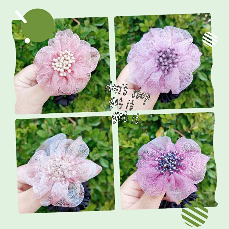 台灣現貨 手工絹紗花朵水晶珠砂糖花芯腸圈髮圈 蝦皮購物