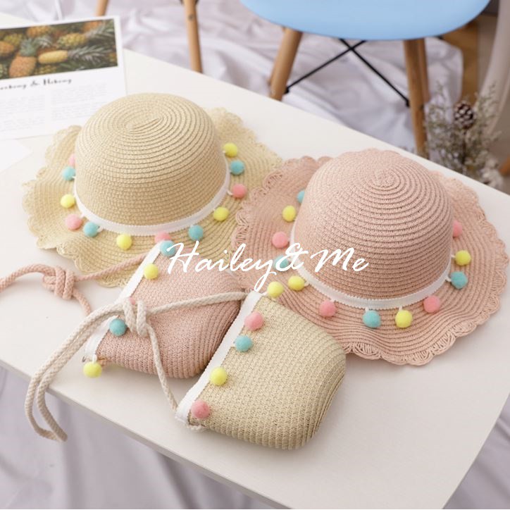 【Hailey&amp;Me精品童裝】帽子現貨 HA0102 夏季彩色球球花邊草帽+小包包