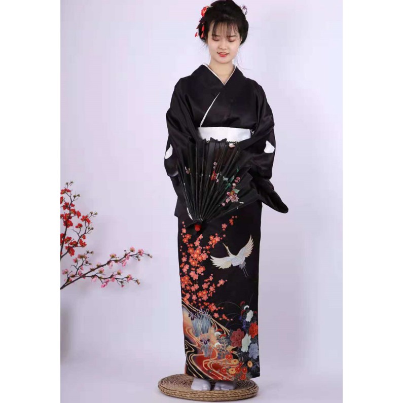 日本傳統女士正規和服黑留袖和服定位仙鶴柄和服套裝 蝦皮購物