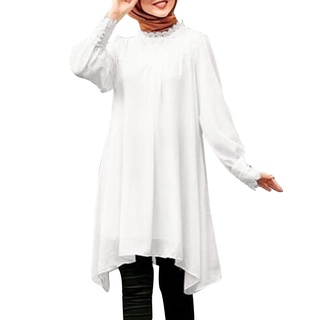 ZANZEA 女士穆斯林休閒大碼蕾絲拼接長袖不規則下擺長上衣