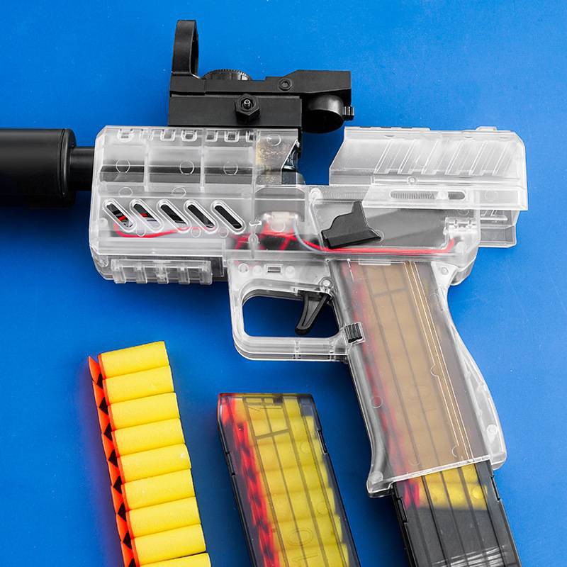 《台灣發貨》烏茲電動連發下供彈可發射軟彈槍透明槍身可空掛取彈兒童玩具手槍