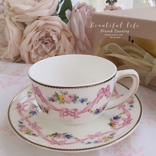 《現貨》🎀復古粉色緞帶蝴蝶結花杯盤/咖啡杯盤/粉色花茶杯/歐式咖啡杯盤