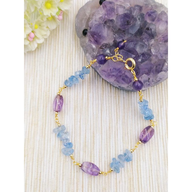 保色14k金線紫水晶忸珠搭海藍寶隨形設計款手鍊