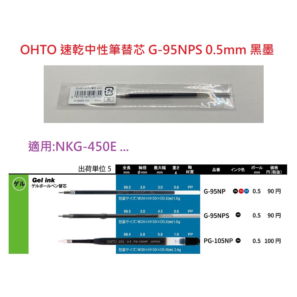 【含稅附發票】 現貨 日本 OHTO 速乾中性筆蕊 替芯 筆芯 G-95NPS (0.5mm 黑墨)