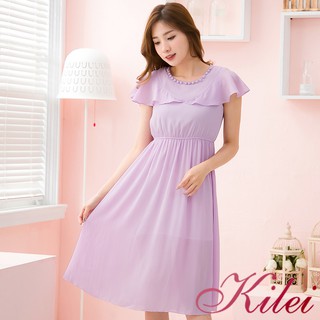 【Kilei】女裝 雪紡洋裝 連身洋裝 連身裙 飾釦竹節紗雪紡不規則波浪袖洋裝XA3742-01(浪漫淺紫)全尺碼