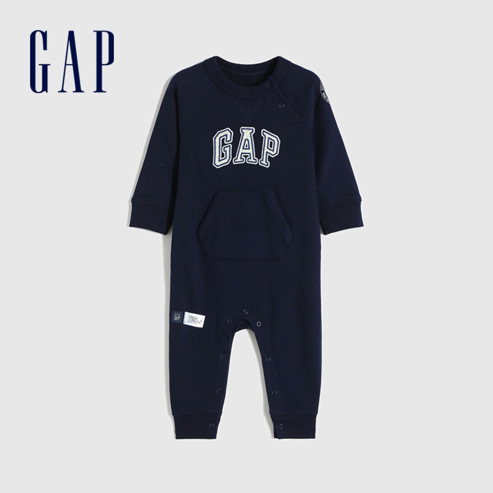 Gap 嬰兒裝 Logo長袖包屁衣 碳素軟磨法式圈織系列-海軍藍(795002)