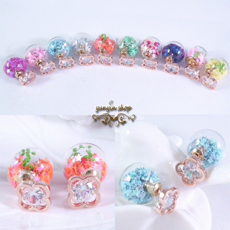 Yunyin SHOP 韓風 耳環 飾品 / 韓版 花朵造型水鑽亮片乾燥花玻璃球耳環 兩戴式耳針 後掛耳環 大力丸