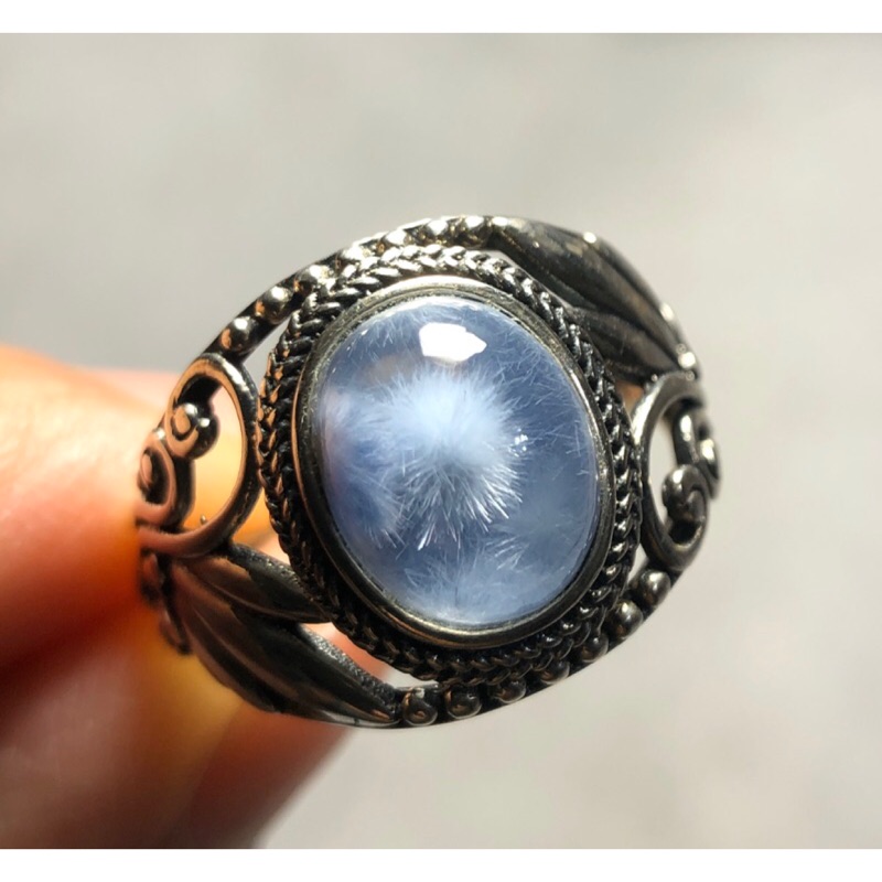 天然水晶 藍線石 藍髮晶純銀戒指