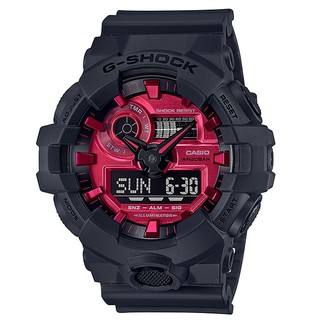 CASIO卡西歐G-SHOCK GA-700AR-1A帥氣低調霧黑錶殼與錶帶搭上亮眼紅色，世界時間功能53.4mm