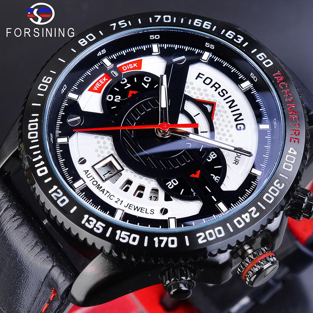 Forsining Sprot Racing 設計黑色皮帶日曆小時男士自動機械手錶頂級品牌豪華男時鐘