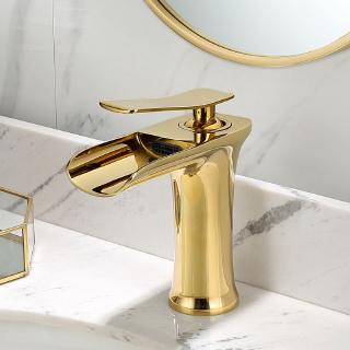浴室水龍頭 北歐全銅瀑布式洗面盆冷熱水龍頭 金色簡約台上盆輕奢龍頭 多色可選