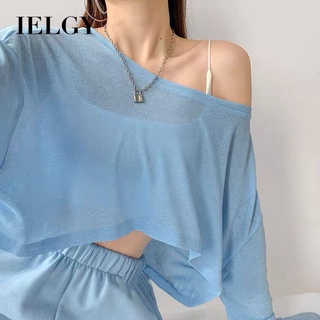 IELGY 女肚臍圓領薄款慵懶風上衣防曬針織長袖t恤