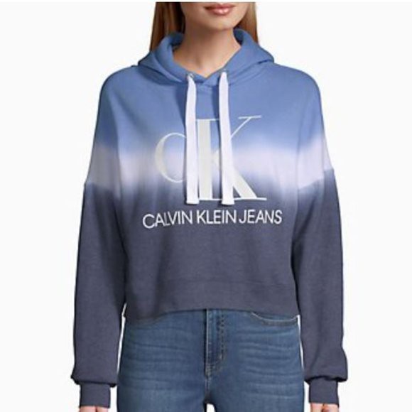 Calvin Klein CK女款 短版 連帽T  帽杉 渲染 漸層藍- L號 現貨