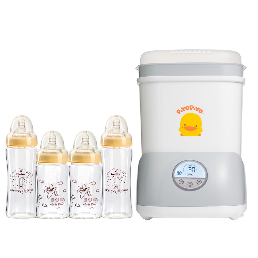 黃色小鴨PiyoPiyo-微電腦觸控式烘乾消毒鍋+ 寬口徑玻璃奶瓶180ml X2、280ml X2(黃色小鴨官方直營)