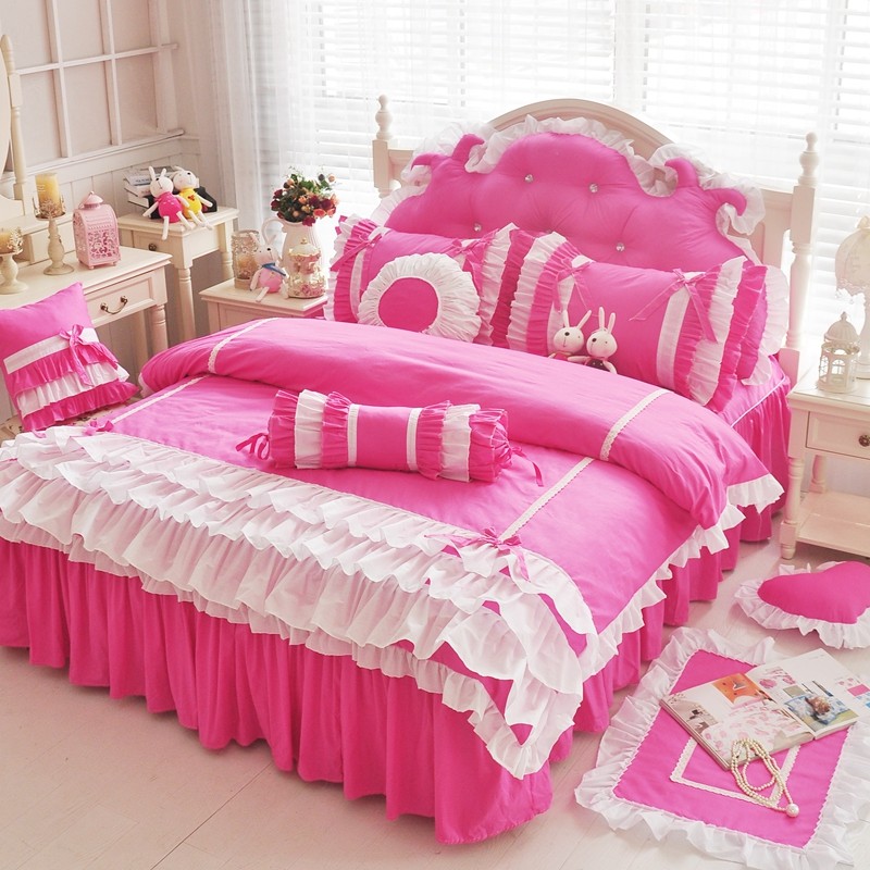 菲兒 結婚床罩 桃紅色床罩 蕾絲床罩 雙人床罩 床裙組