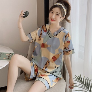 Jru 睡衣 居家服 女裝 韓版短袖夏天睡衣 女 模擬絲性感甜美冰絲家居服 春秋季可愛卡通套裝