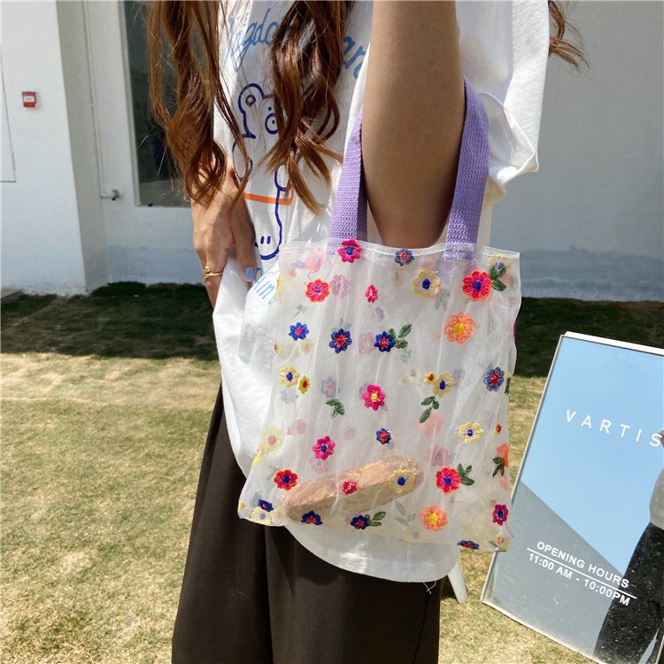 現貨 ❤️ins 🌼 立體 花朵 刺繡 小雛菊 半透明 碎花 網紗 透紗 手提包 方包 手提袋 購物袋 透明