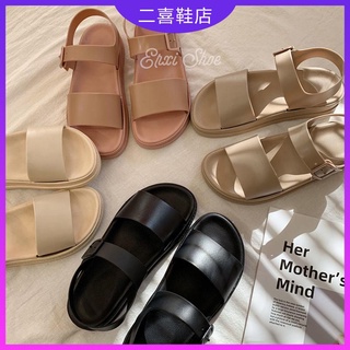 二喜鞋店 新款夏軟底舒適防水露趾涼鞋 平底外穿涼鞋女 一字扣帶學生女鞋 果凍沙灘鞋 果凍鞋 塑膠涼鞋女 厚底防滑防水