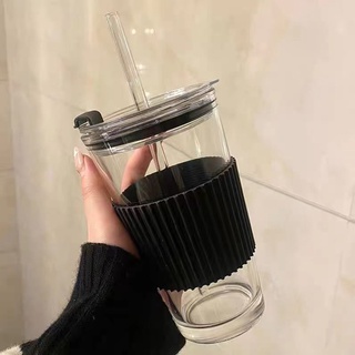耐熱玻璃 ins風 隨手杯 玻璃杯 飲品杯 【FP1012】 ins簡約玻璃吸管杯韓系夏季早餐杯學生便攜咖啡杯帶蓋辦公室