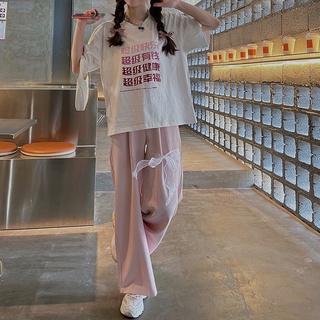 日系休閒褲女可愛蝴蝶結垂感長褲粉色褲子寬鬆高腰百搭闊腿直筒