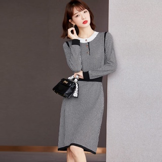 愛依依 洋裝 針織連身裙 打底裙 S-L新款個性小香風毛衣裙黑白格子針織衫連身裙T604-1628.