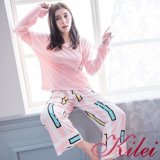 【Kilei】女生睡衣 居家服 幾何色塊獨角獸刺繡落肩長袖二件式睡衣組XA4310(夢幻桔粉)全尺碼