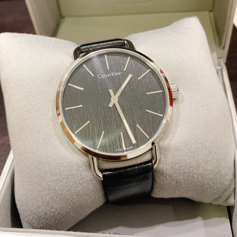 CK Calvin Klein K7B211C1 樹紋 不銹鋼銀殼 黑色皮錶帶 手錶