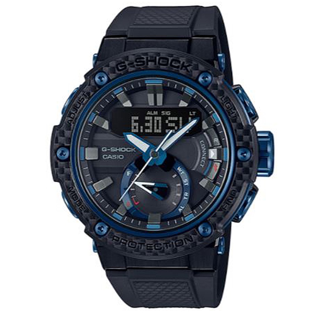 【CASIO】G-SHOCK 曠野之息碳纖維藍寶石太陽能藍牙運動錶-黑X神秘藍 (GST-B200X-1A2)