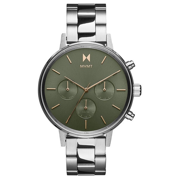 MVMT 美國時尚品牌 銀殼綠面三眼鋼帶腕錶 38mm 星期顯示 MT700104 保固二年