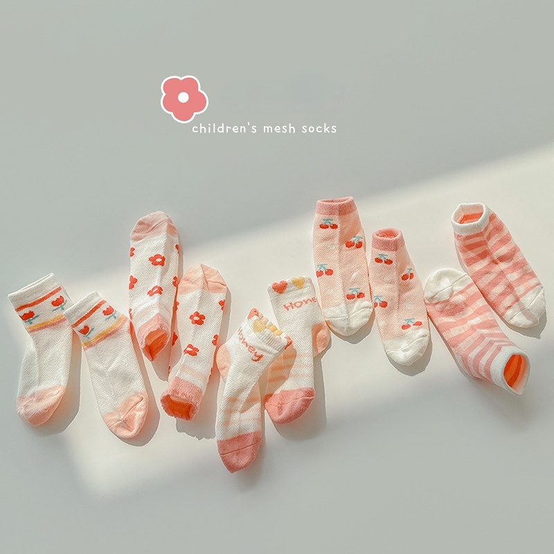 薄款櫻桃花朵襪子 粉色女孩寶寶網眼襪 可愛精梳棉兒童襪 5雙組合