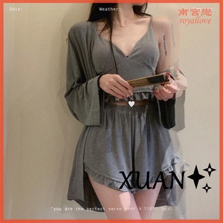 Xuan♥=長袖性感睡衣 氣質ins可外穿 素色 性感軟糯 三件套 長袖睡衣 居家服 冬季睡衣 性感睡衣