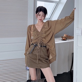 韓國休閒套裝女氣質時尚抽繩V領咖啡色長袖雪紡襯衫+高腰A字半身裙兩件套
