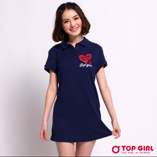 Top Girl 全新 胸前愛心短袖長版POLO衫 (深海藍)