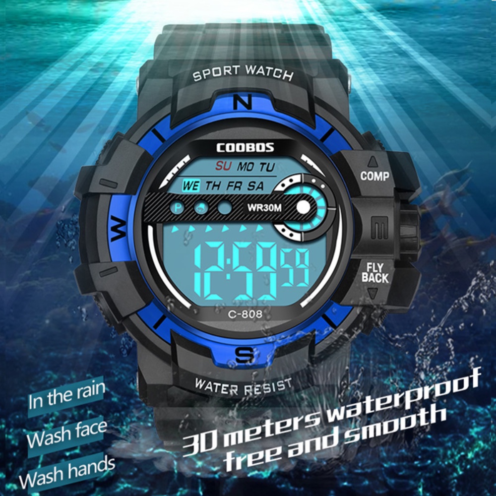兒童數字運動手錶男孩女孩 30M 防水運動戶外多功能手錶兒童休閒電子腕帶鬧鐘秒錶手錶