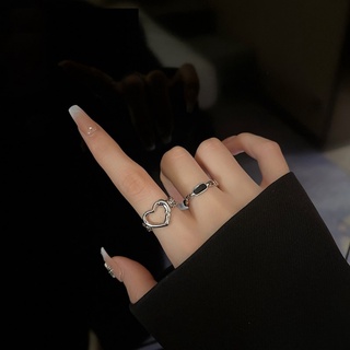 【ANNA acc】黑色面鎖鏈圈愛心戒指兩件套開口戒1110606