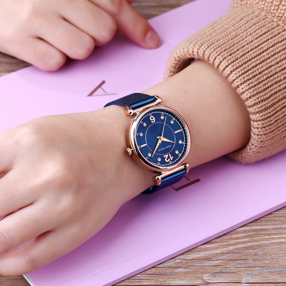 MINIFOCUS 新款熱銷 女士時尚 女生禮物 防水金屬網帶 鑲鉆 夜光手錶