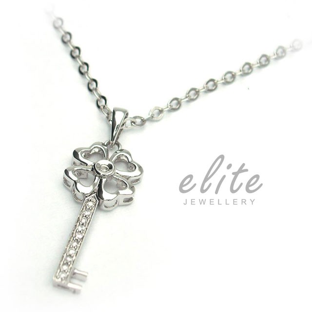 伊麗珠寶Elite│925純銀項鍊 - 幸運草鑰匙 (鍍白K金、不變色不過敏)