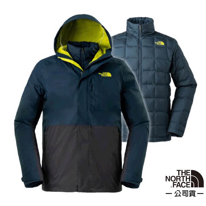 【美國 The North Face】男款 防風防水透氣耐磨連帽兩件式外套 內件羽絨 3L8O 藍/灰 N