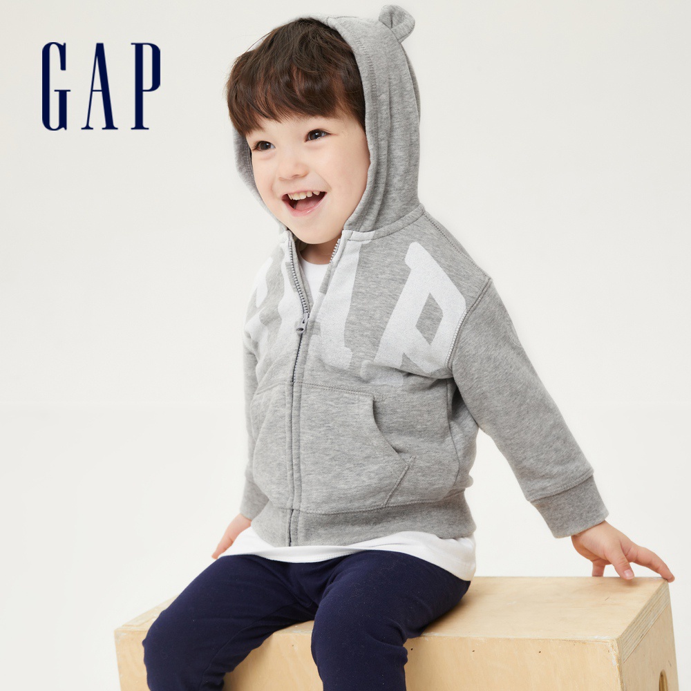 Gap 嬰兒裝 Logo熊耳連帽外套 碳素軟磨法式圈織系列-淺灰色(682870)