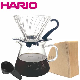 【HARIO】V60 1~2人份玻璃濾杯(VDG-01B)及濾紙110枚(VCF-01-110M)+台灣玻璃咖啡壺360