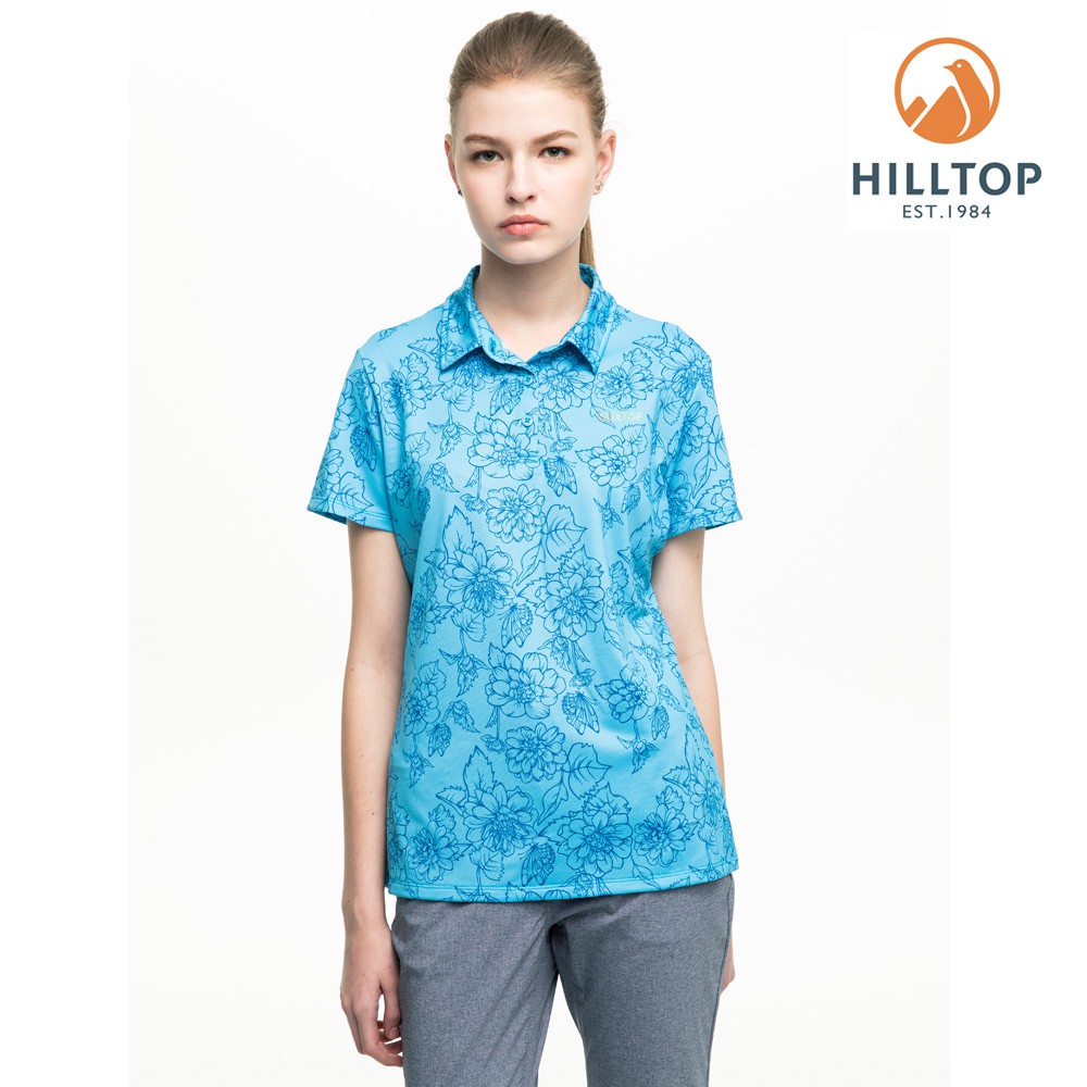 【Hilltop山頂鳥】女款吸濕快乾抗UV彈性抗菌POLO衫S14FF5空靈藍印花
