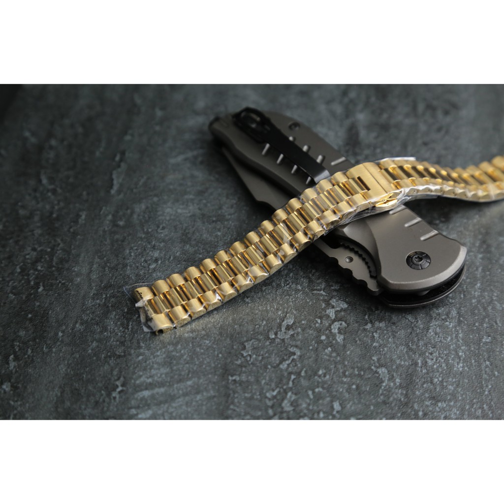 金色 實心三珠款總統帶超值22mm 20mm平頭不鏽鋼製錶帶,双按式蝴蝶錶扣,智慧表可用～可使用快拆彈簧棒