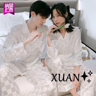 Xuan♥情侶睡衣男女士春秋款長袖冰絲2021新款網紅翻領寬鬆大碼兩件套裝居家可愛睡衣女秋冬季棉質情侶套服女睡衣