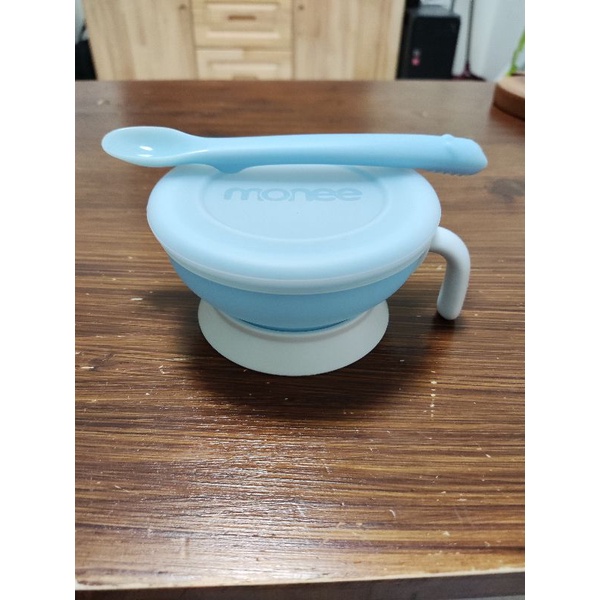 (二手)韓國 monee寶寶白金矽膠碗匙組天空藍150ml副食品碗